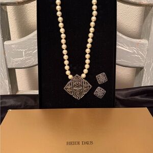Heidi Daus elegant Marcasite Pendant & faux pearl and necklace & earrings.